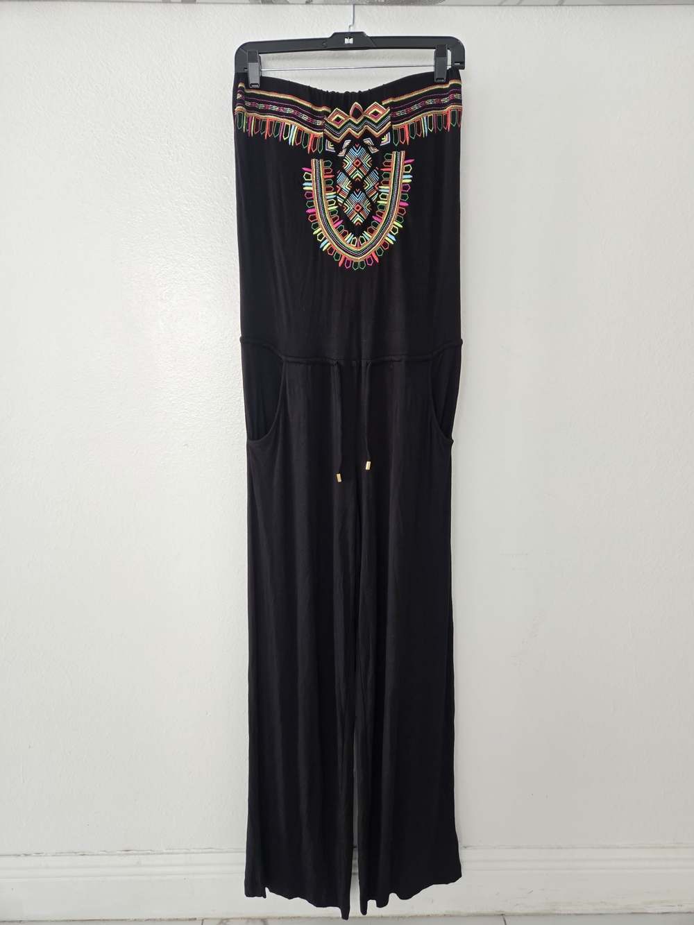 La Blanca Black Jumpsuit with Multicolor Embroidered Yoke Cover Up Stretch Sz S
